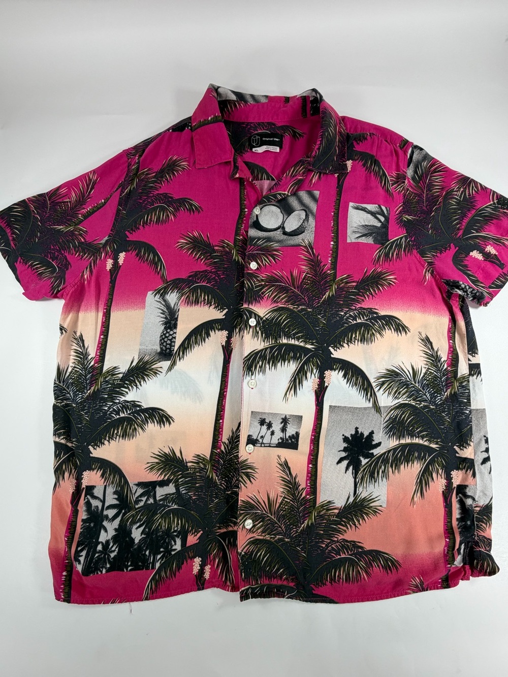 Original Use Tropical Hawaiian Palm Tree Rayon Camp Shirt Pink Resort Mens XL